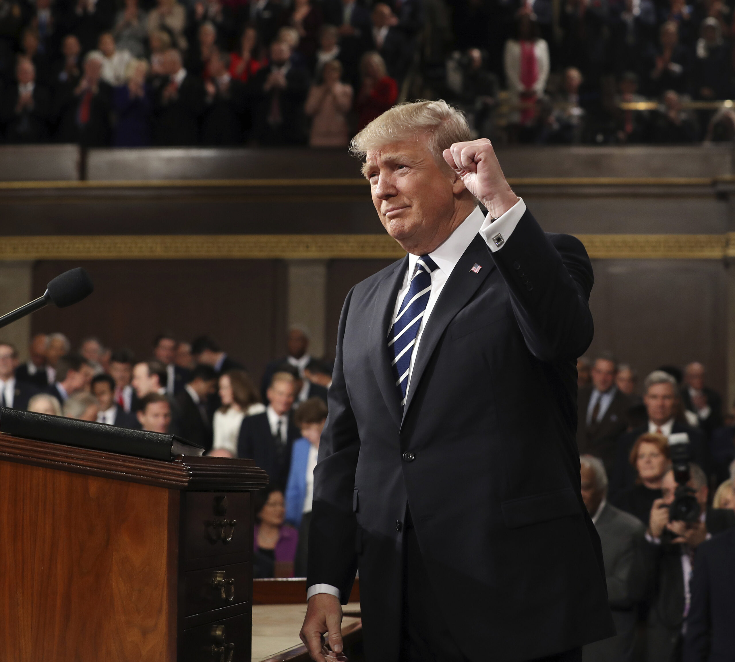 President Donald Trump gestures as he arrives on Capitol Hill in Washington, Tuesday, Feb. 28, 2017, for his address to a joint session of Congress. () (Jim Lo Scalzo/Pool Image via AP)