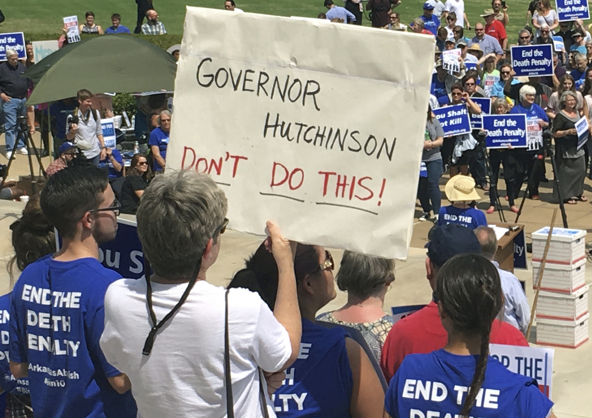 Protesters gather outside the state Capitol building on Friday, April 14, 2017, in Little Rock, Ark., to voice their opposition to Arkansas' seven upcoming executions. () (AP Photo/Kelly P. Kissel)