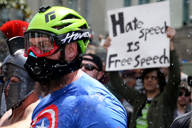 Trump supporters face off with protesters at a "Patriots Day" free speech rally on April 15, 2017 in Berkeley, California (Getty/Elijah Nouvelage)
