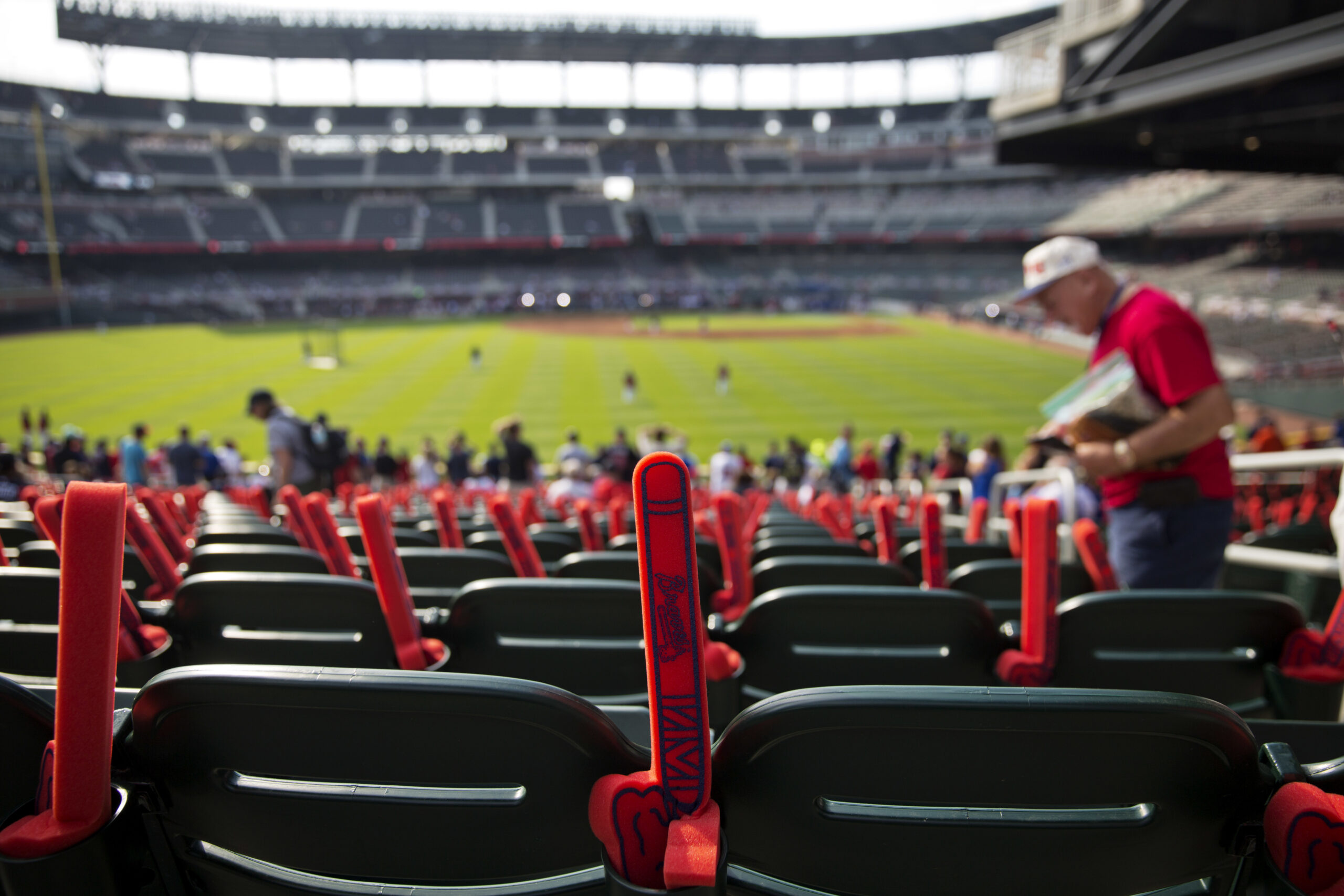 Foam tomahawks line the seats as spectators arrive for an opening day baseball game between the Atlanta Braves and the San Diego Padres in Atlanta, Friday, April 14, 2017. The Braves are playing their first regular-season game in SunTrust Park, the new suburban stadium that replaced Turner Field. (AP Photo/David Goldman) (AP)