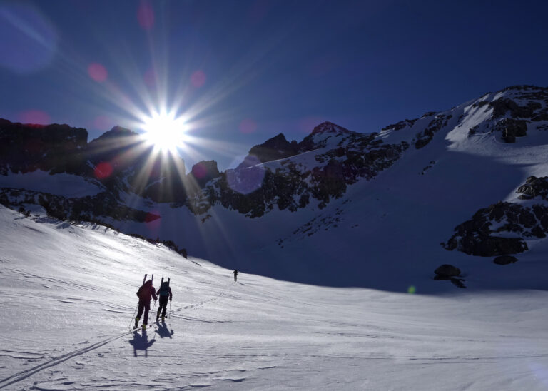 In this photo taken April 1, 2017, members of a California Cooperative Snow Survey team ski toward Bishop Pass in Inyo National Forest near Bishop, Calif. Despite new technologies, California's snowpack is still measured the old-fashioned way: by skiers who manually measure the depth and water content of the snowpack. The practice remains an important way to verify and fine-tune remotely collected data. (AP Photo/Brian Melley) (AP)