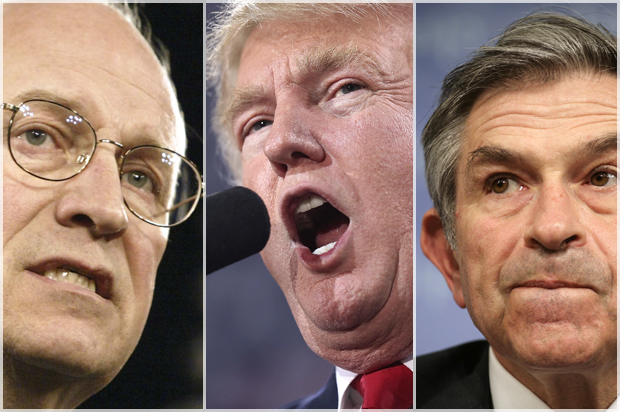 Dick Cheney; Donald Trump; Paul Wolfowitz (AP/Jim Bryant/Getty/Joe Raedle/Reuters/Yuri Gripas)