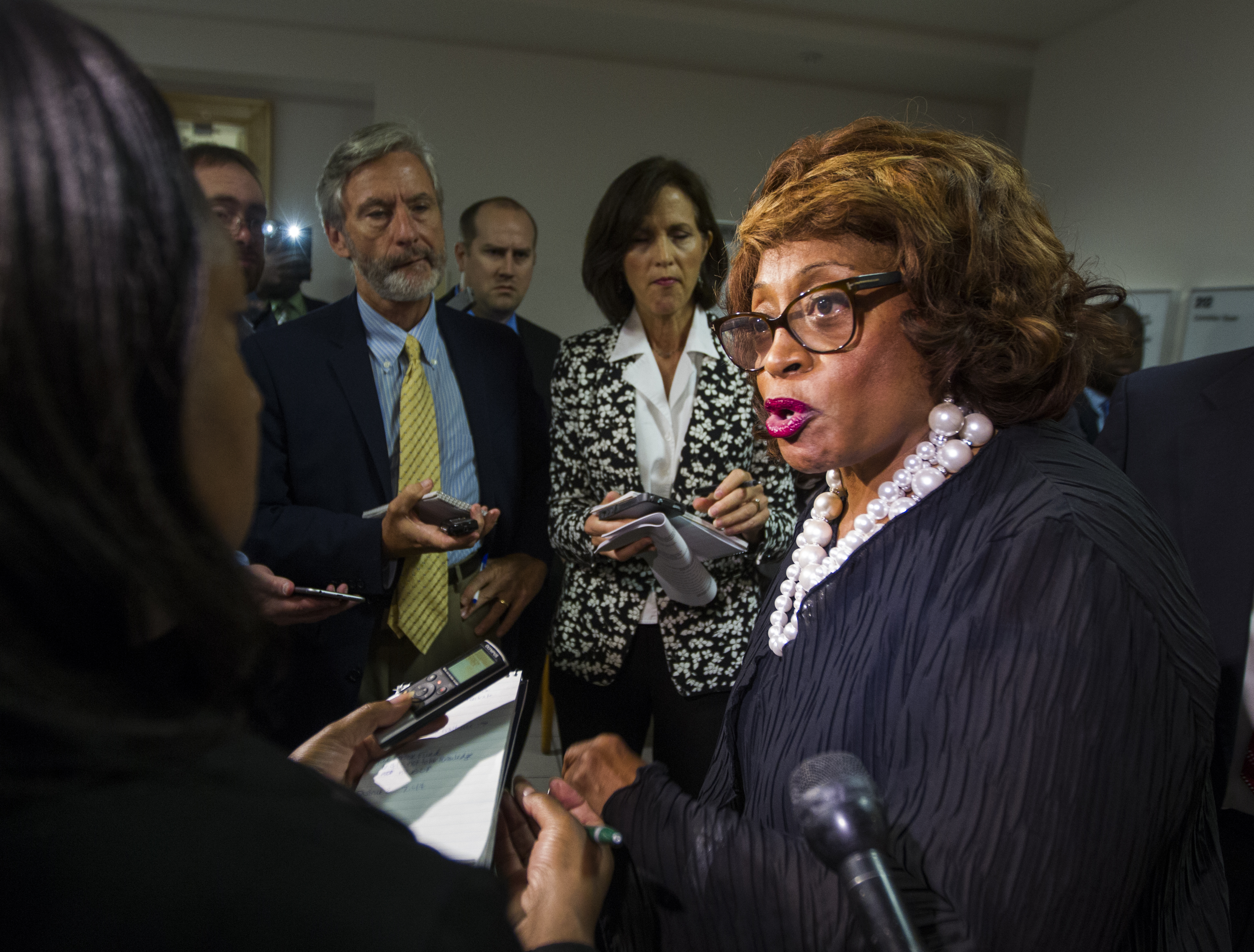 FILE - In this Aug. 13, 2015, file photo, former Rep. Corrine Brown talks with the press in Tallahassee, Fla. Opening statements in Brown's trial have been set for April 26, 2017, for the former Florida congresswoman who pleaded not guilty to fraud charges related to a charity that prosecutors said she used as a personal slush fund. (AP Photo/Mark Wallheiser, File) (AP)