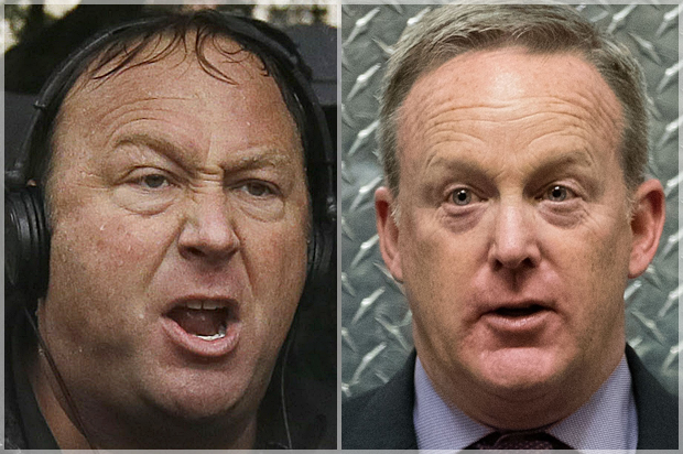 Alex Jones; Sean Spicer (AP/Tony Gutierrez/Getty/Drew Angerer)