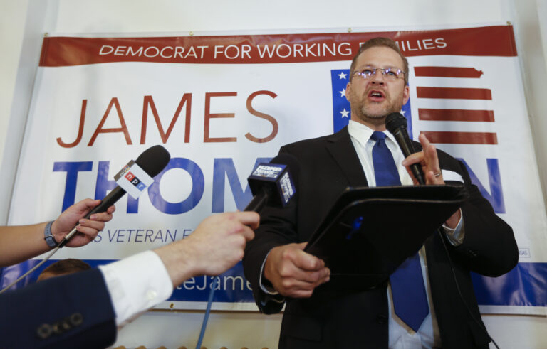 Democrat James Thompson speaks to supporters at the Murdock Theatre in Wichita, Kan., Tuesday, April, 11, 2017. (Travis Heying/The Wichita Eagle via AP)