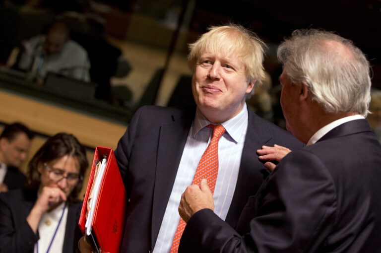 British Foreign Secretary Boris Johnson, left, speaks with Luxembourg's Foreign Minister Jean Asselborn during a meeting of EU foreign ministers at the EU Council building in Luxembourg on Monday, April, 2017. European Union foreign ministers meet Monday to discuss the situation in Syria and Libya. (AP Photo/Virginia Mayo) (AP)