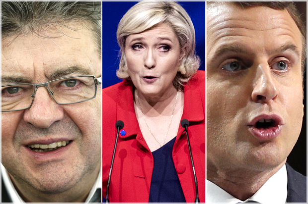 Jean-Luc Mélenchon; Marine Le Pen; Emmanuel Macron (AP/Jean-Francois Badias/Kamil Zihnioglu/Christophe Ena)