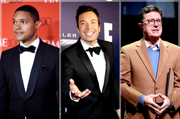 Trevor Noah; Jimmy Fallon; Stephen Colbert (Getty/Dimitrios Kambouris/Loreen Sarkis/Dave Kotinsky)