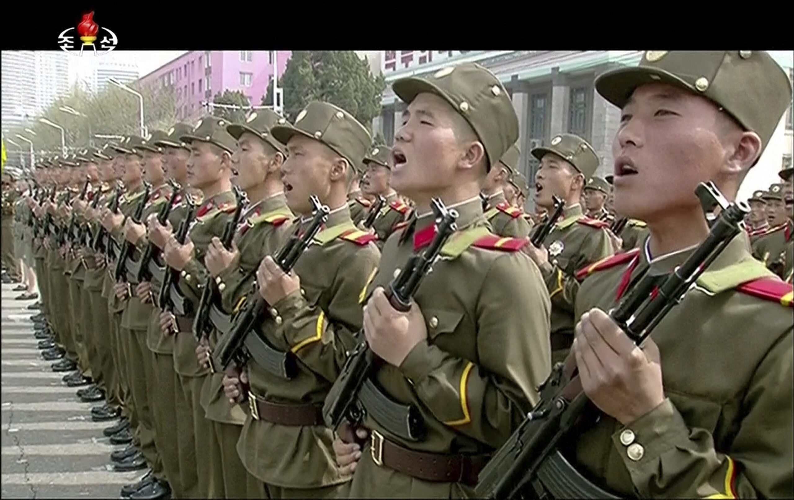 In this image made from video broadcast by North Korean broadcaster KRT, soldiers take part in a parade at Kim Il Sung Square in Pyongyang, Saturday, April 15, 2017. (KRT via AP)