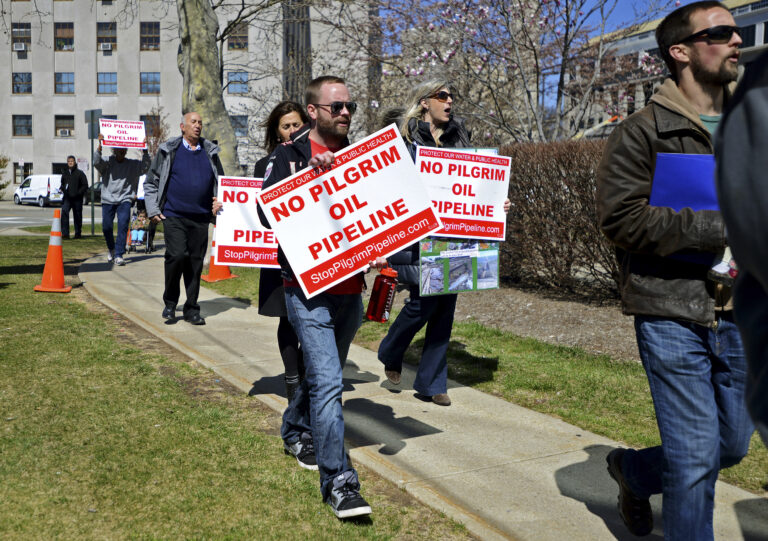 FILE - In this March 29, 2016, file photo, activists and residents from across Bergen County deliver petitions against the proposed Pilgrim Pipeline project in New York and New Jersey In Hackensack, N.J. Prolonged protests in North Dakota failed to stop the flow of oil through the Dakota Access pipeline. But they've provided inspiration for protests against pipelines around the country. Tactics used in North Dakota such as resistance camps, social media and online fundraising are now being used against pipeline projects in nearly a dozen states. (Amy Newman/The Record of Bergen County via AP, File) (AP)