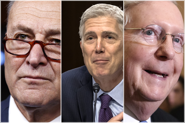 Charles Schumer; Neil Gorsuch; Mitch McConnell (AP/Evan Vucci/Jeff Malet, maletphoto.com/AP/J. Scott Applewhite/)