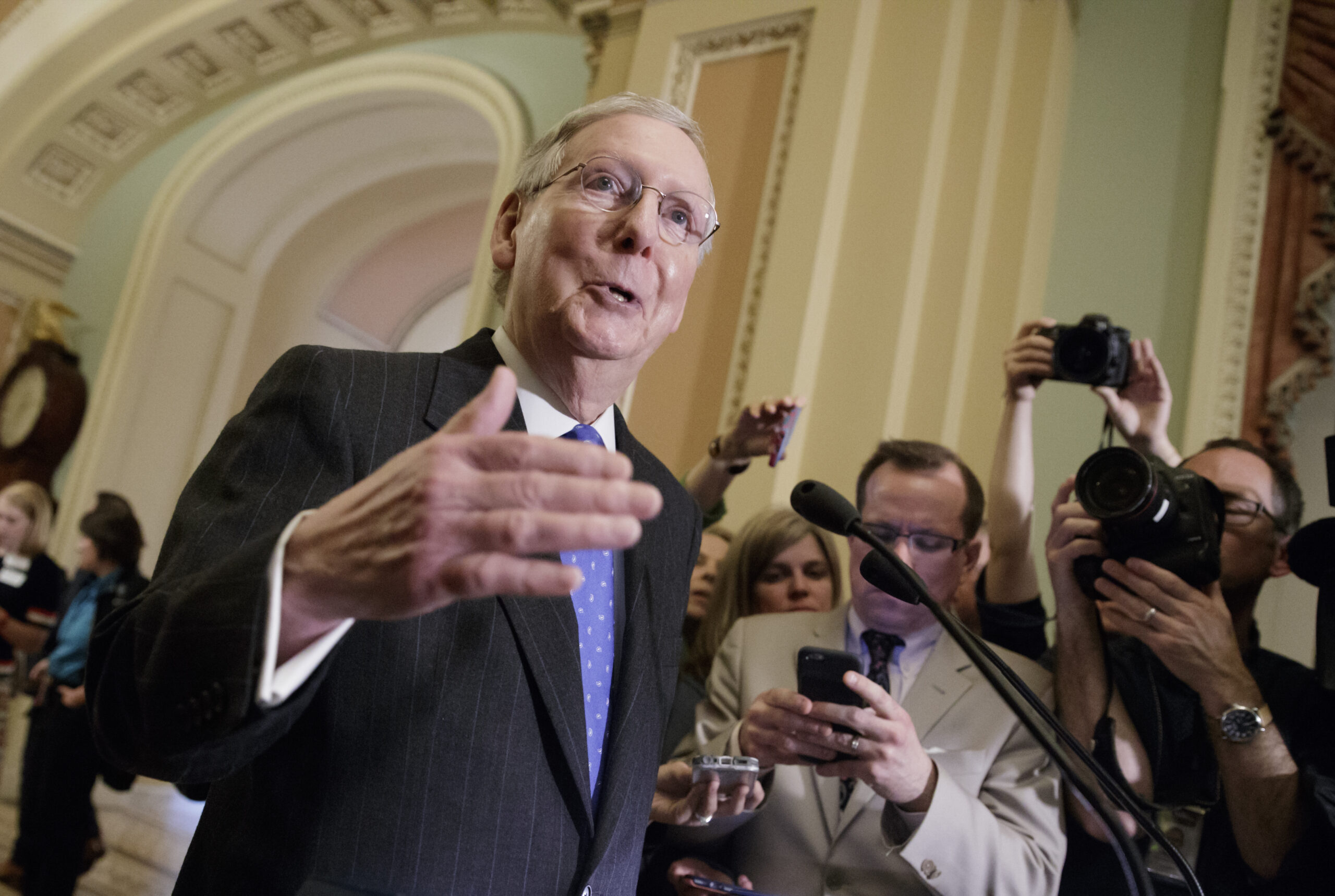 Senate Majority Leader Mitch McConnell of Ky. speaks to reporters on Capitol Hill in Washington, Tuesday, April 4, 2017, about the struggle to move Supreme Court nominee Neil Gorsuch toward a final up-or-down vote on the Senate floor. () (AP Photo/J. Scott Applewhite)