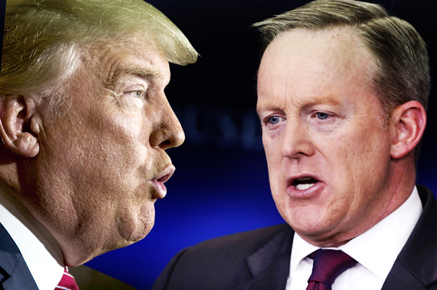 Donald Trump; Sean Spicer (Reuters/Lucas Jackson/Getty/Aaron P. Bernstein/Photo montage by Salon)