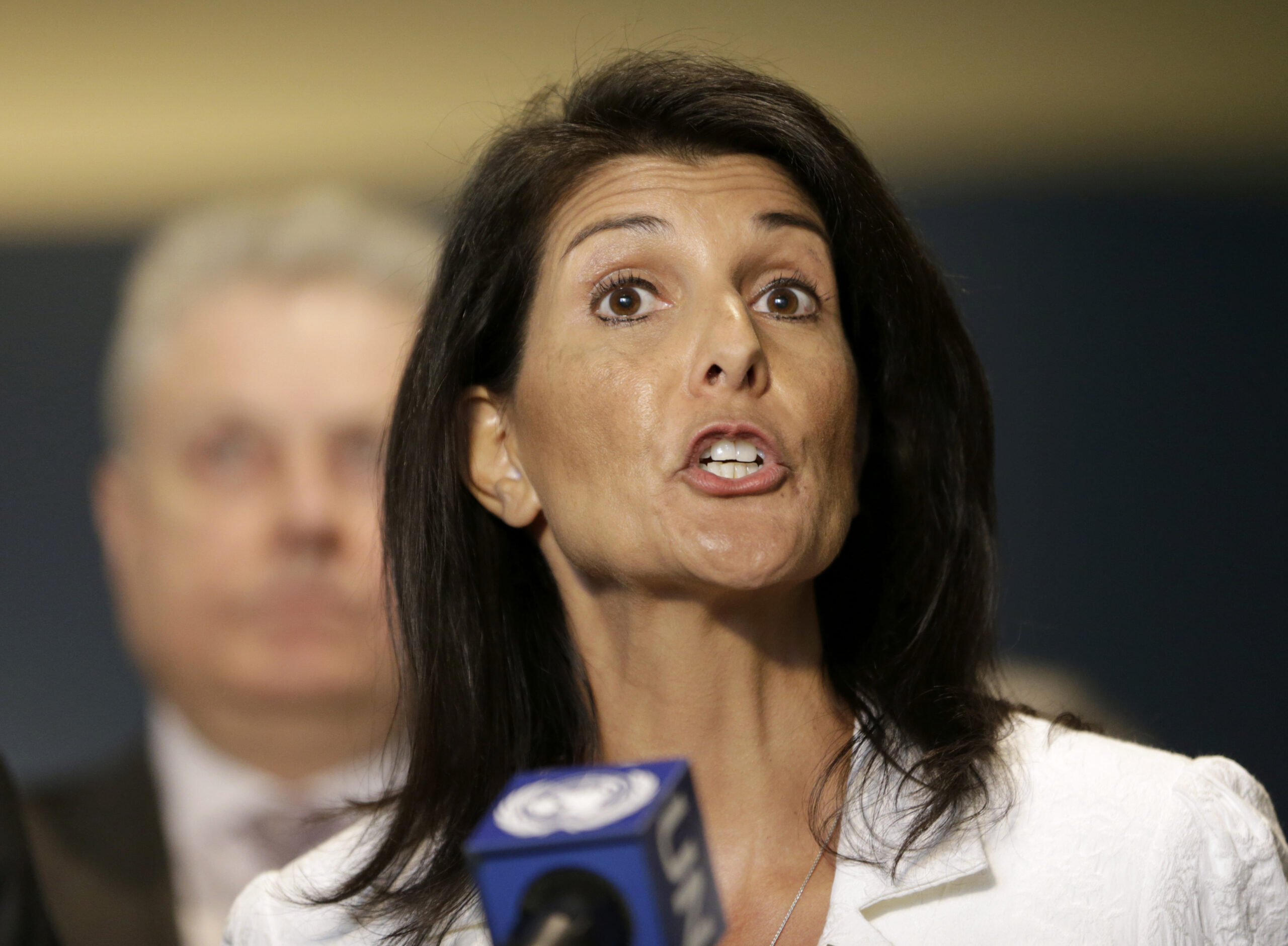 FILE - In a Monday, March 27, 2017 file photo, United States Ambassador to the United Nations Nikki Haley speaks to reporters outside the General Assembly at U.N. headquarters. Haley said Sunday, April 2, 2017, in an interview aired Sunday on ABC’s “This Week” there’s no question Russia was involved in the U.S. presidential election and that the actions of the Kremlin will be addressed after the investigations are completed. ((AP Photo/Seth Wenig))