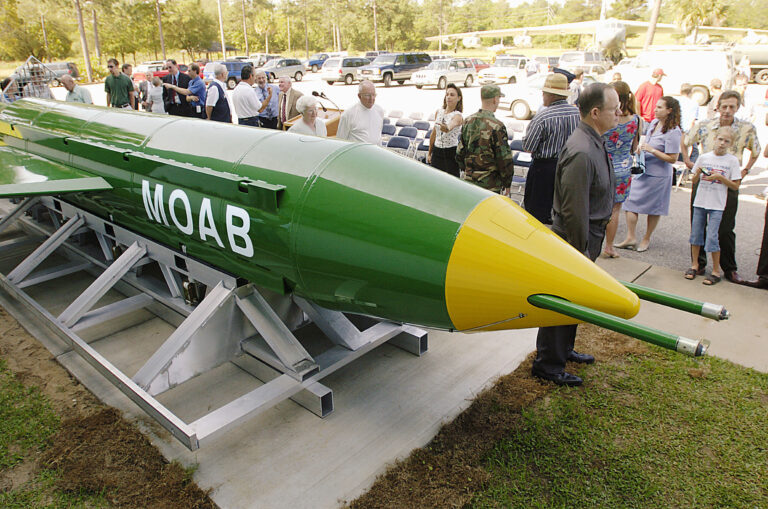 In this May 2004 photo, a group gathers around a GBU-43B, or massive ordnance air blast (MOAB) weapon, on display at the Air Force Armament Museum on Eglin Air Force Base near Valparaiso, Fla. U.S. forces in Afghanistan struck an Islamic State tunnel complex in eastern Afghanistan on Thursday, April 13, 2017, with a GBU-43B, the largest non-nuclear weapon ever used in combat by the U.S. military, Pentagon officials said. (Mark Kulaw/Northwest Florida Daily News via AP) (AP)
