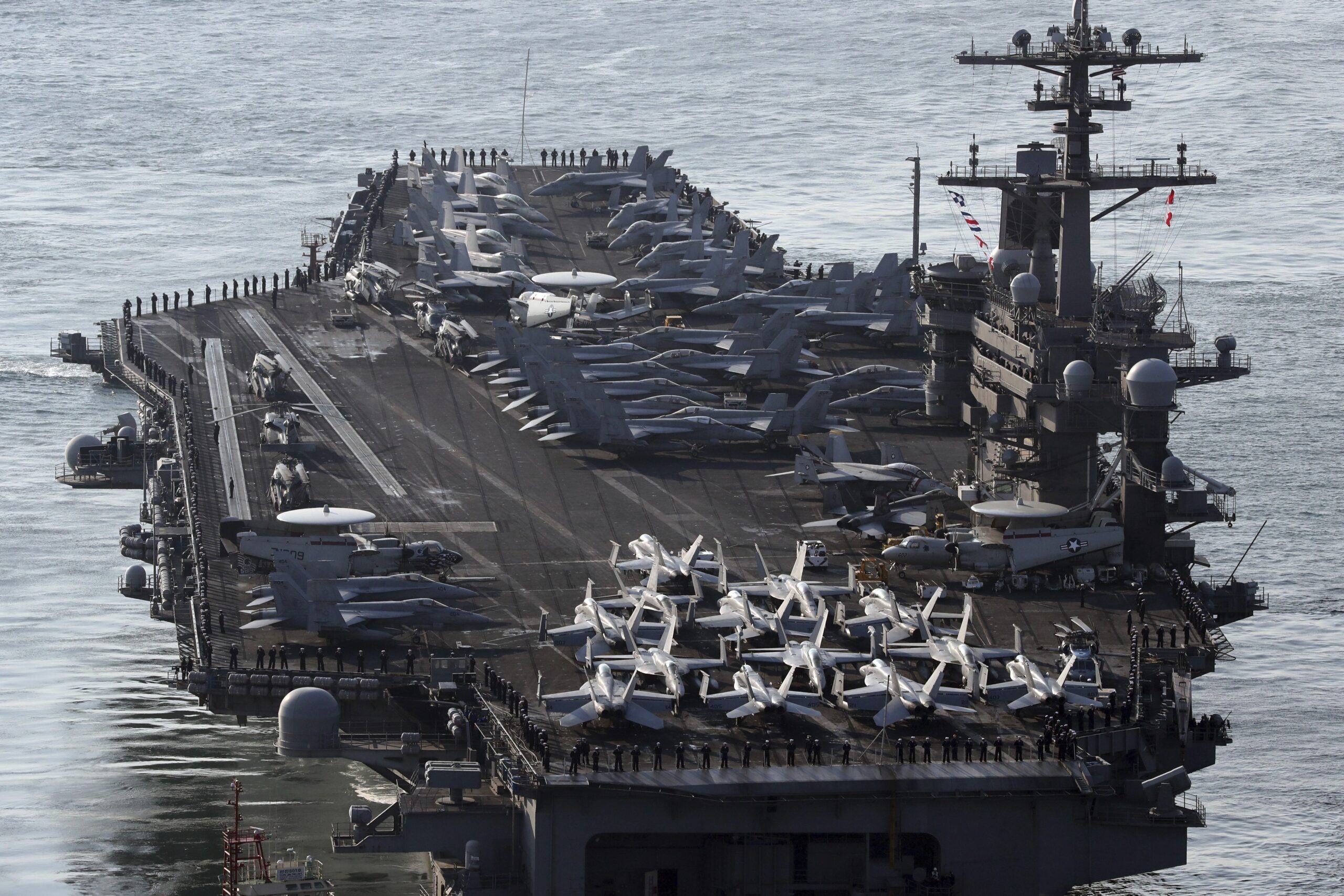 FILE - In this March 15, 2017 file photo, U.S. Navy aircraft carrier, the USS Carl Vinson approaches to participate in the annual joint military exercise called Foal Eagle between South Korea and the United States, at Busan port in Busan, South Korea. (Jo Jung-ho/Yonhap via AP, File) (AP)