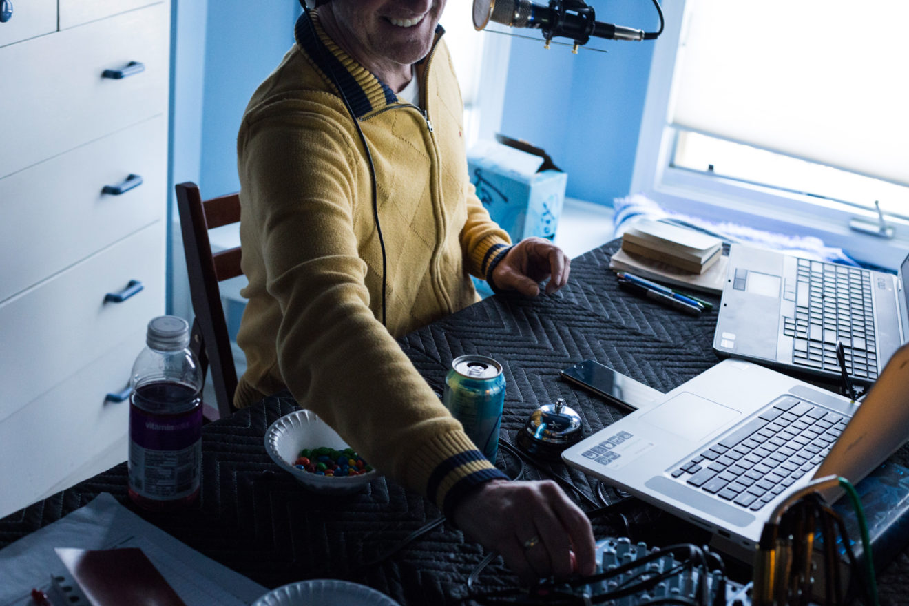 Detroit, Michigan - March 28, 2017: Mark, an anonymous voice for "Recovered," a podcast discussing the process of healing from addiction to alcohol, records the podcast alongside his colleagues at his home on March 28, 2017 in the suburbs outside of Detroit, Michigan. The podcast, which began in 2007, is now reaching over 80,000 audience members. (Brittany Greeson/The New York Times)