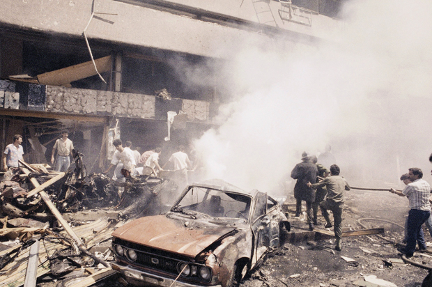 The scene of a car-bomb explosion, July 29, 1986, in West Beirut, Lebanon. (AP)