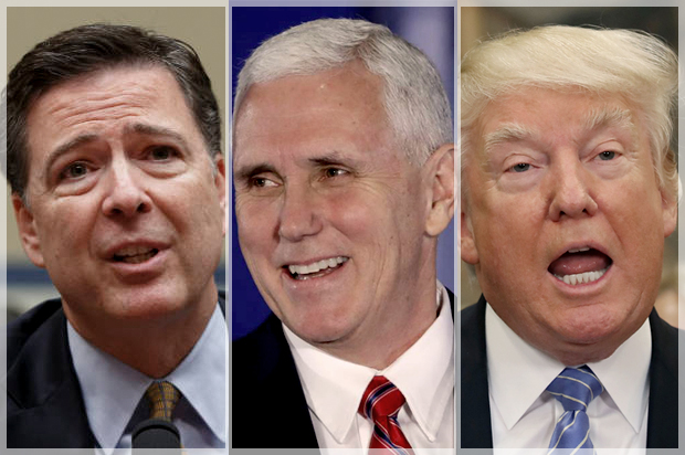 James Comey; Mike Pence; Donald Trump (AP/J. Scott Applewhite/Matt Rourke/Getty/Mark Wilson)