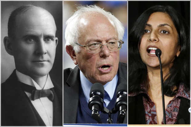 Eugene V. Debs; Bernie Sanders; Kshama Sawant (Wikimedia/AP/Elaine Thompson)