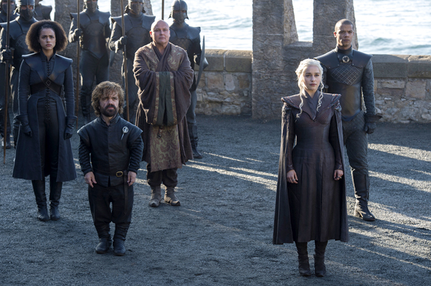 Nathalie Emmanuel, Peter Dinklage, Conleth Hill, Emilia Clarke, Jacob Anderson in "Game of thrones" (Courtesy of HBO/Macall B. Polay)
