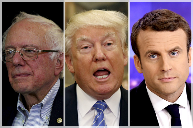 Bernie Sanders; Donald Trump; Emmanuel Macron (Getty/Alex Wong/Mark Wilson/Lionel Bonaventure)