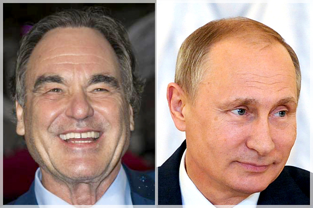 Oliver Stone; Vladimir Putin (AP/Vianney Le Caer/Mikhail Klimentyev)