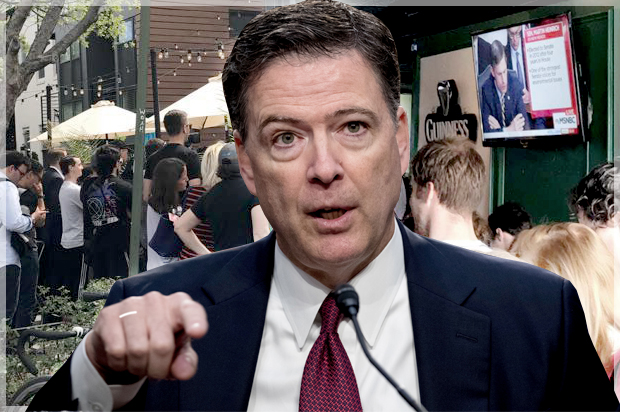 James Comey; crowded bars in Washington D.C. showing James Comey's testimony, June 8, 2017. (AP/Andrew Harnik/Salon/Sophia Tesfaye)