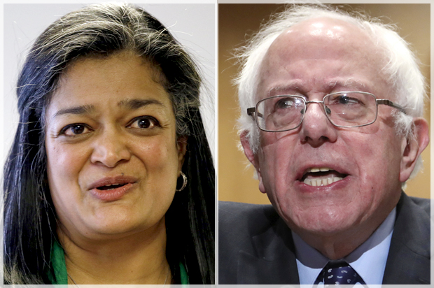 Pramila Jayapal; Bernie Sanders (AP/Elaine Thompson/Manuel Balce Ceneta)