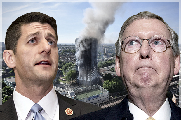Paul Ryan; Mitch McConnell; Grenfell Tower (AP/J. Scott Applewhite/Manuel Balce Ceneta/Getty/Leon Neal/Salon)