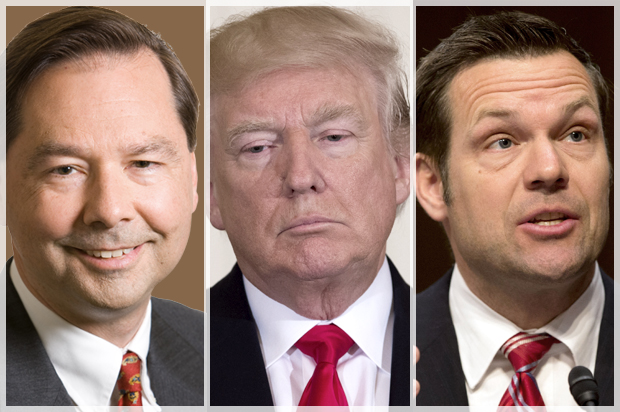 Hans von Spakovsky; Donald Trump; Kris Kobach (WikiMedia/Getty/SaulLoeb/AP/Jacquelyn Martin)