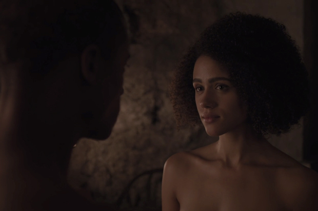 Jacob Anderson as Grey Worm and Nathalie Emmanuel as Missandei in "Game of Thrones" (HBO)