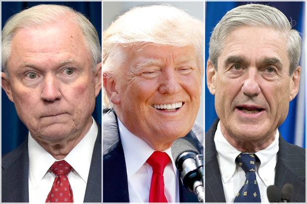 Jeff Sessions; Donald Trump; Robert Mueller (AP/Susan Walsh/Alex Brandon/Getty/Saul Loeb)