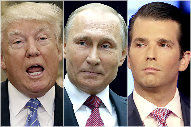 Donald Trump; Vladimir Putin; Donald Trump Jr. (Getty/Mark Wilson/AP/Alexander Zemlianichenko/Richard Drew)