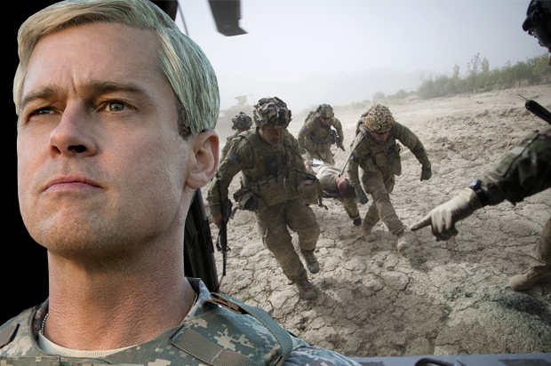 Brad Pitt in "War Machine"; Medics carrying a wounded US soldier to Kandahar Hospital Role, August 23, 2011. (Netflix/Getty/Johannes Eisele/Salon)