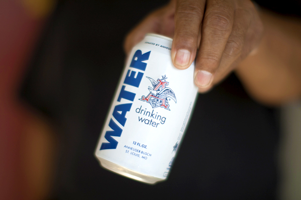 A can of water donated by Anheuser-Busch in California during a drought. Currently, Anheuser-Busch is sending more than 155,000 cans of water for Hurricane Harvey aid. (Getty/David McNew)