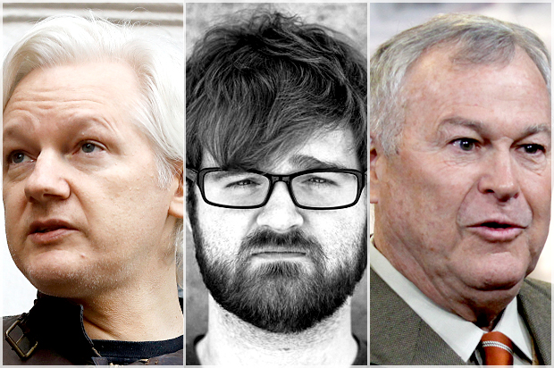 Julian Assange; Charles C. Johnson; Dana Rohrabacher (AP/Frank Augstein/Lauren Victoria Burke/Encounter Books)