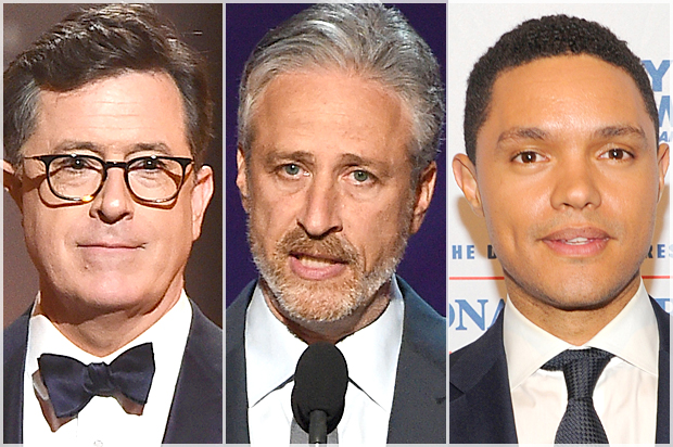 Stephen Colbert; Jon Stewart; Trevor Noah (Getty/Theo Wargo/Kevin Winter/Brad Barket)