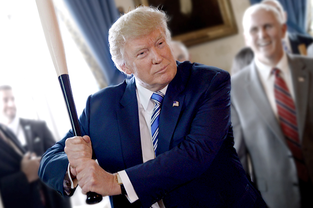 Donald Trump swings a Marucci baseball bat during a "Made in America" product showcase (Getty/Olivier Douliery)