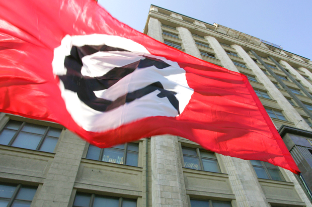 The party flag of the ultra-left Russian National Bolshevik party (Getty/Natalia Kolesnikova)