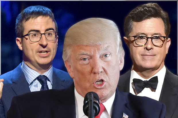 John Oliver; Donald Trump; Stephen Colbert (AP/Charles Sykes/Pablo Martinez Monsivais/Theo Wargo)