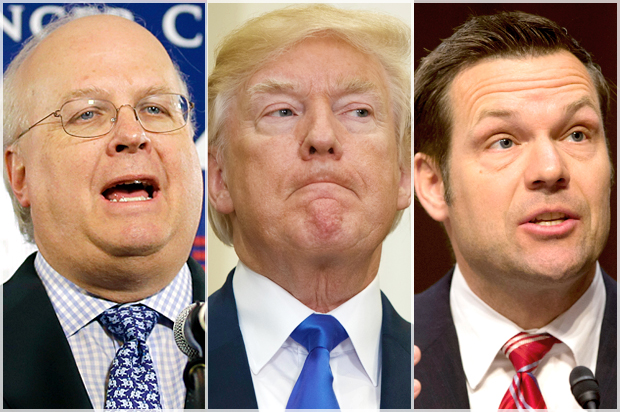 Karl Rove; Donald Trump; Kris Kobach (AP/Rick Bowmer/Evan Vucci/Jacquelyn Martin)