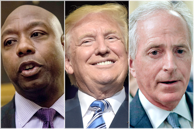 Tim Scott; Donald Trump; Bob Corker (AP/Andrew Harnik/Susan Walsh/Pablo Martinez Monsivais)