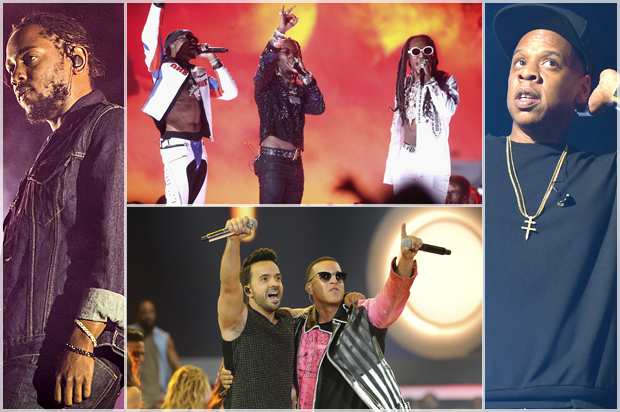 Kendrick Lamar; Migos;  Luis Fonsi and Daddy Yankee; Jay-Z (AP/Amy Harris/Getty/Frederick M. Brown/Sergi Alexander/Theo Wargo)