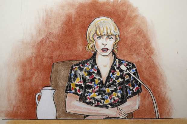 In this courtroom sketch, Taylor Swift speaks from the witness stand (AP/Jeff Kandyba)