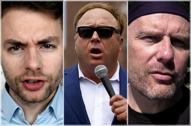 Paul Joseph Watson, Alex Jones, and Stefan Molyneux (YouTube/Paul Joseph Watson/Reuters/Lucas Jackson/Youtube/Stefan Molyneux)