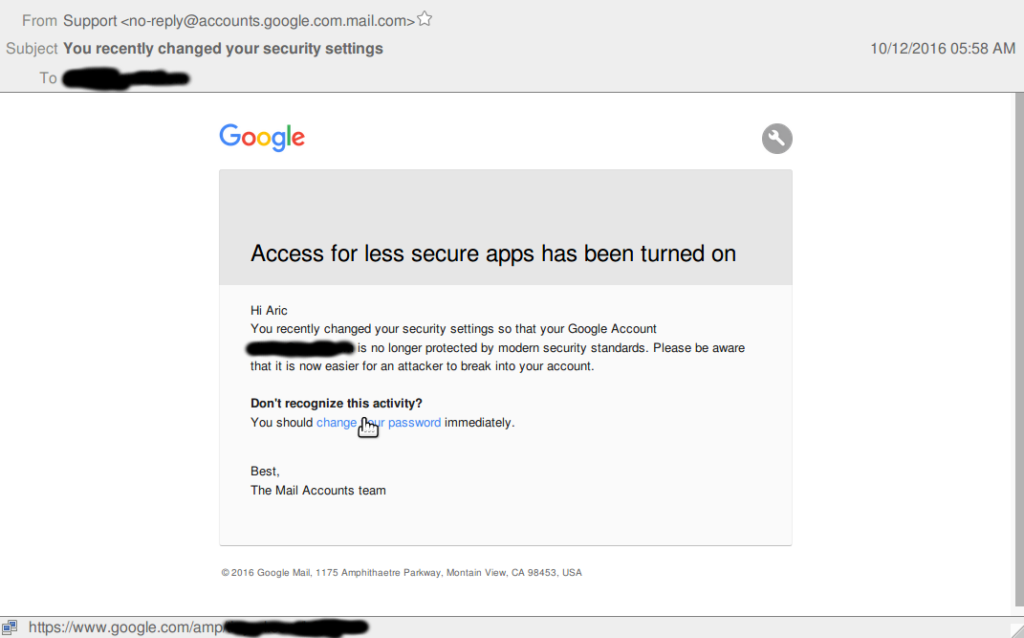 A screenshot of a forged email from Google that Russian-linked hackers sent to journalist Aric Toler in an attempt to steal his account information.