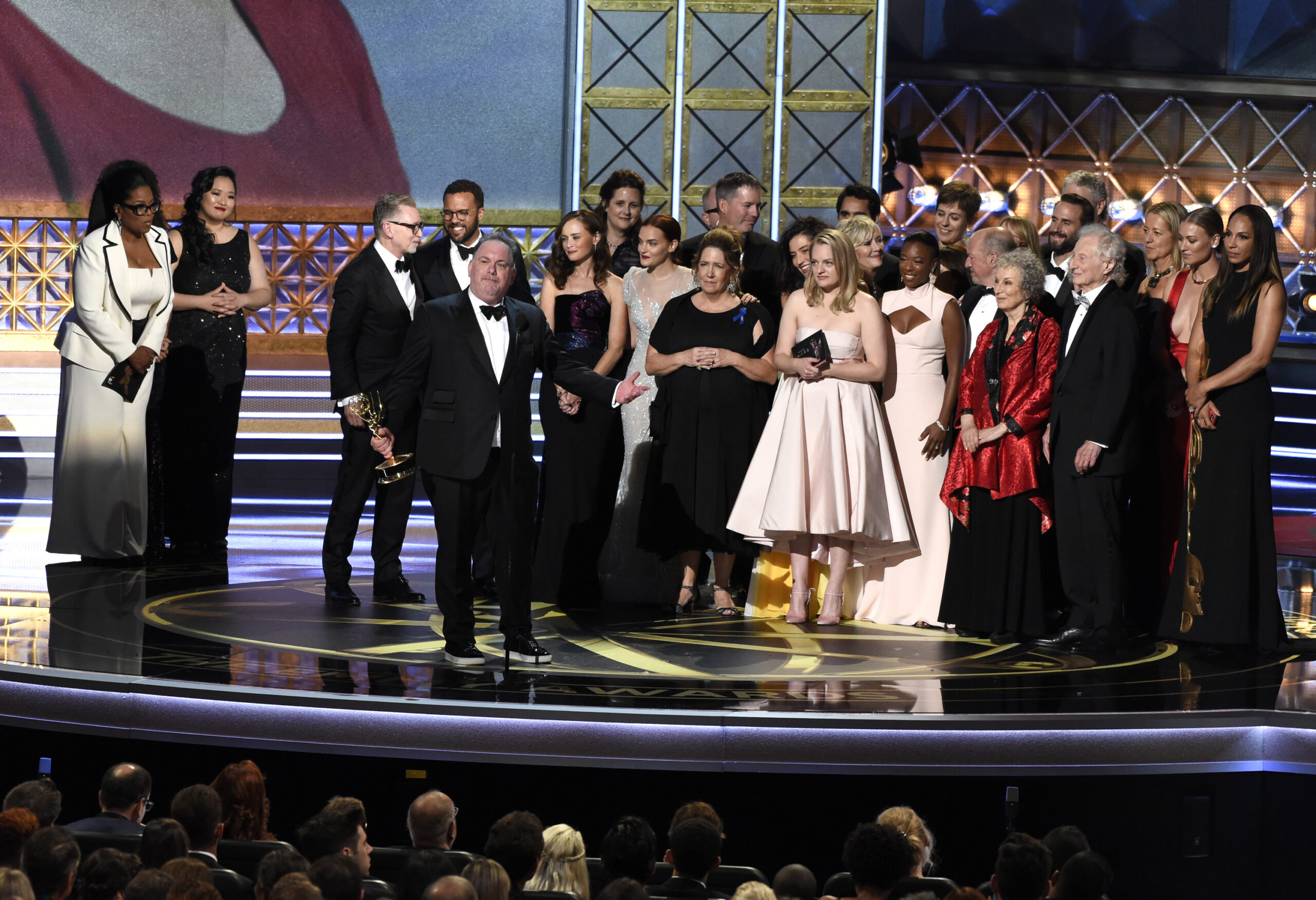 Bruce Miller and the cast and crew accept the award for outstanding drama series for "The Handmaid's Tale" (Chris Pizzello/invision/ap)