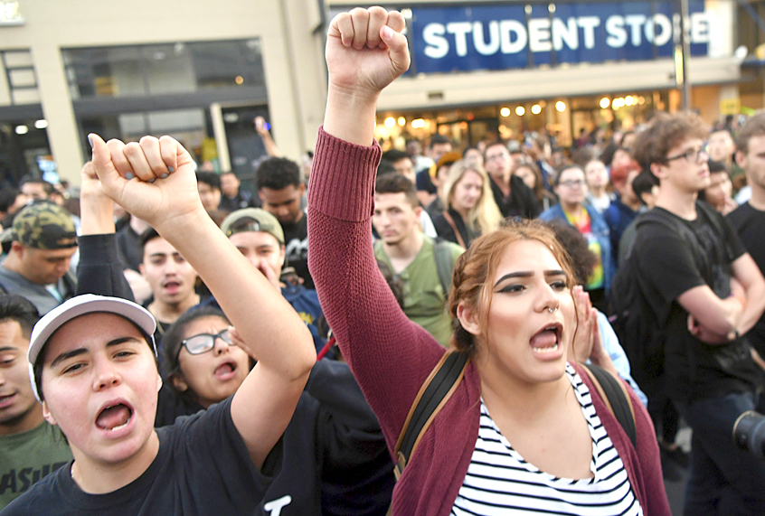 Students protest before a speaking engagement by Ben Shapiro at University of California Berkeley (AP/Josh Edelson)