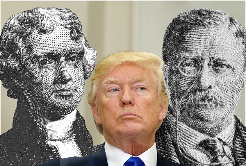Thomas Jefferson; Donald Trump; Teddy Roosevelt (AP/Evan Vucci/Getty/AlexLMX/	peterspiro)